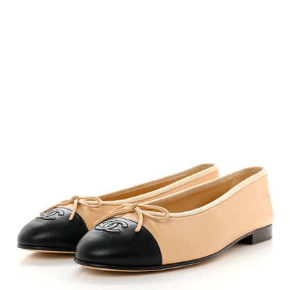 Chanel Lambskin Cap Toe Ballerina Flats 39.5 Beige Black 3 of 11