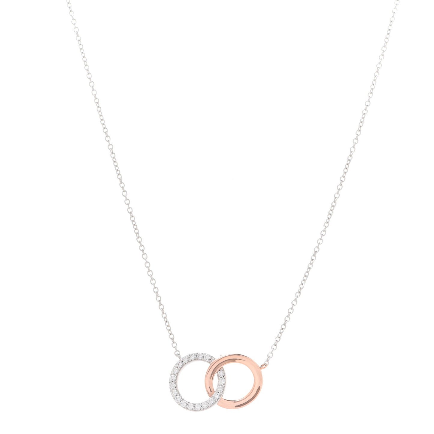 18K White Rose Gold Diamond Double Interlocking Circles Pendant Necklace