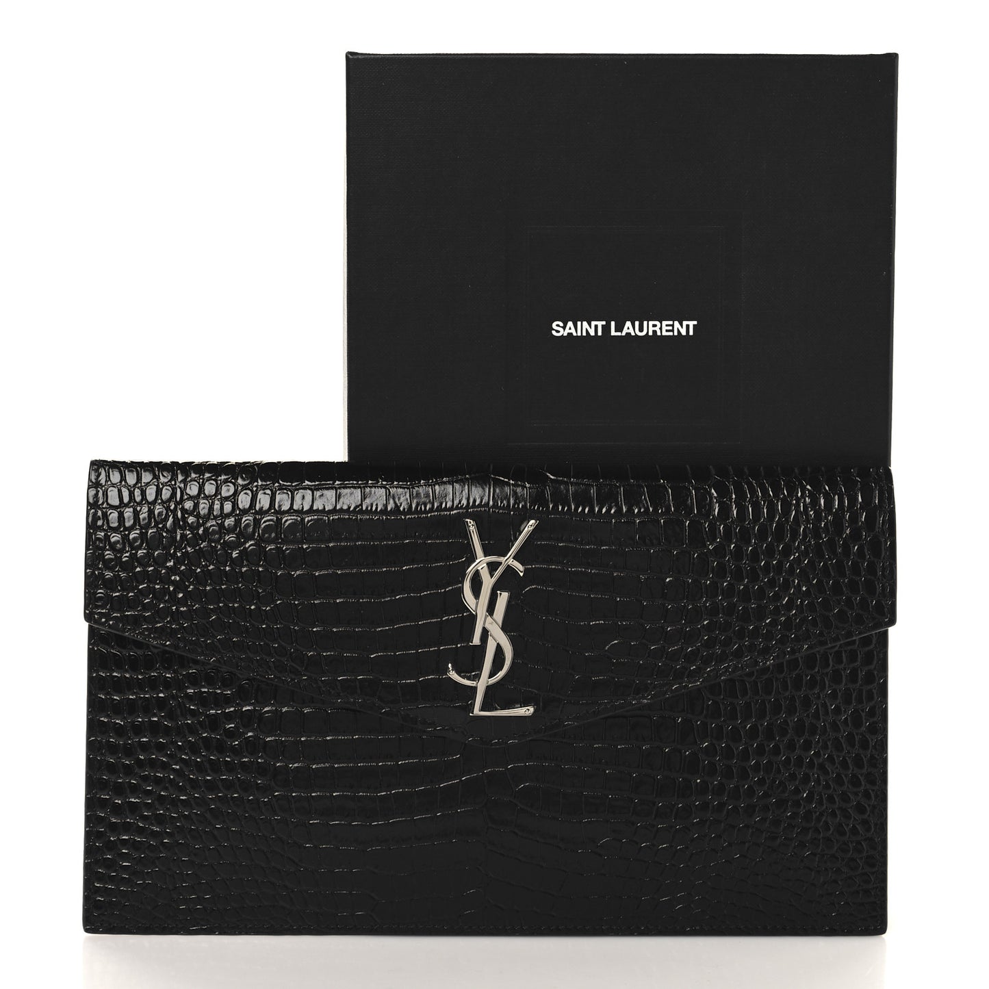 Calfskin Crocodile Embossed Uptown Monogram Clutch Black