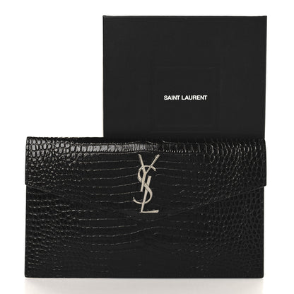 Saint Laurent Calfskin Crocodile Embossed Uptown Monogram Clutch Black 7 of 7