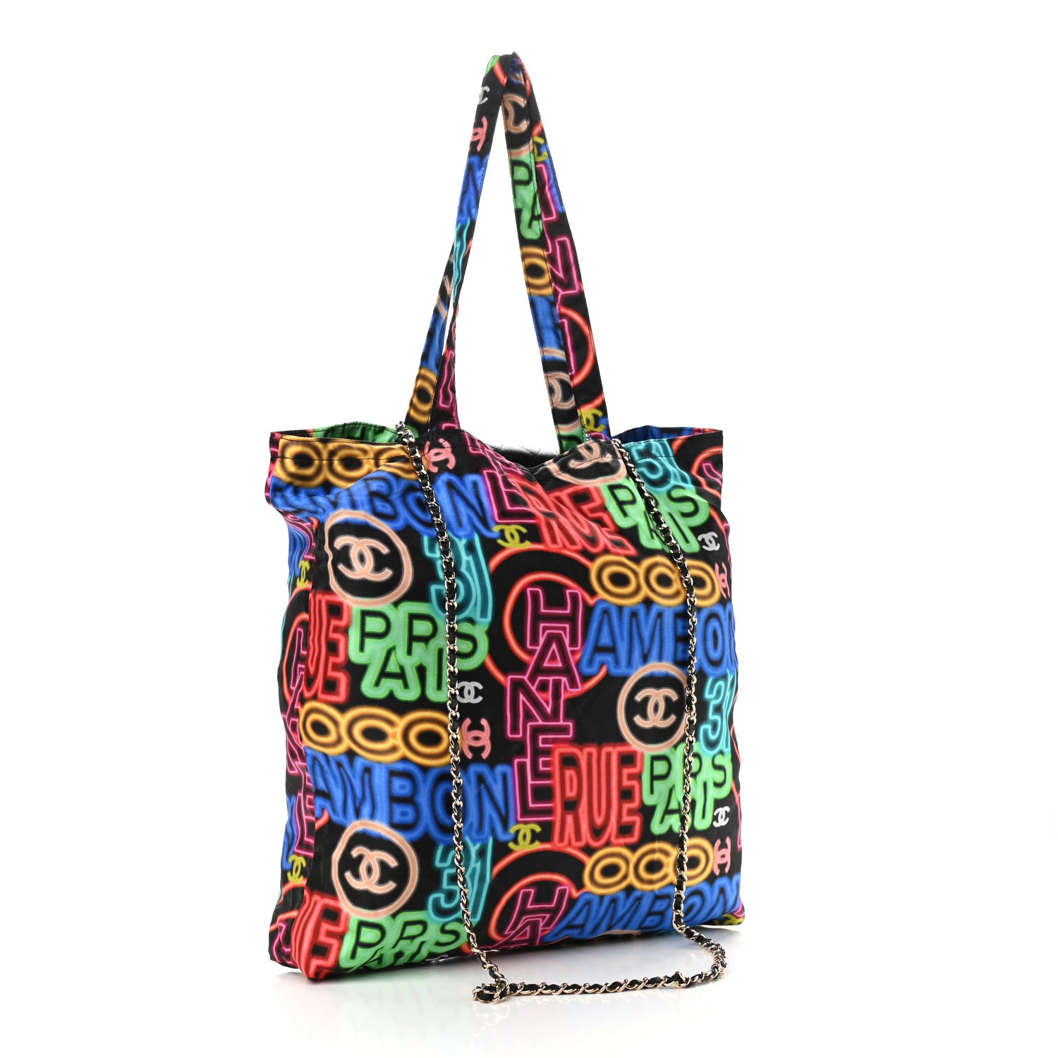 Chanel Caviar Fabric Graffiti Foldable Tote Bag With Chain Black Multicolor 2 of 15