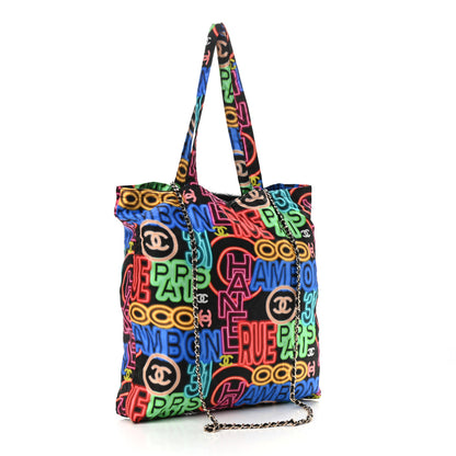 Chanel Caviar Fabric Graffiti Foldable Tote Bag With Chain Black Multicolor 2 of 15