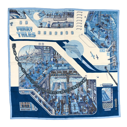 Hermes Cashmere Silk Ferry Tales Scarf 100 White Marine Ciel 1 of 4