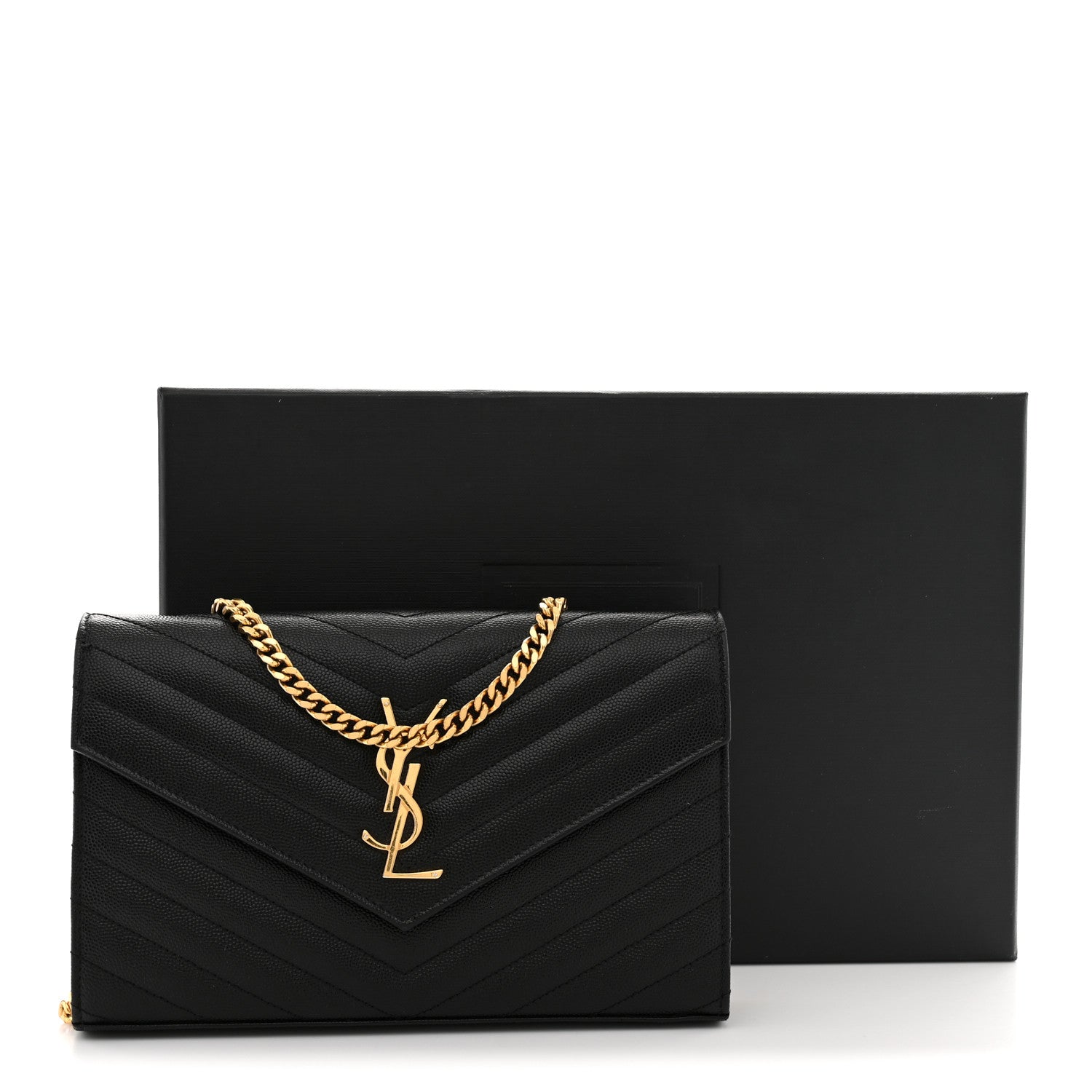 Saint Laurent Grain De Poudre Matelasse Chevron Monogram Chain Wallet Black 12 of 12