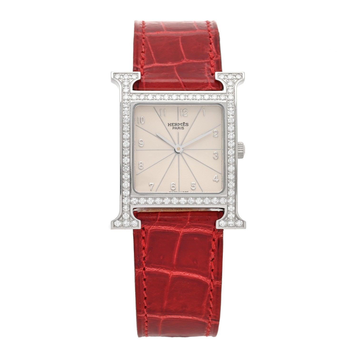 Hermes Stainless Steel Alligator Diamond Bezel 26mm Heure H Hour Quartz Watch Braise 1 of 4