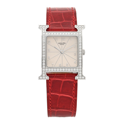 Hermes Stainless Steel Alligator Diamond Bezel 26mm Heure H Hour Quartz Watch Braise 1 of 4