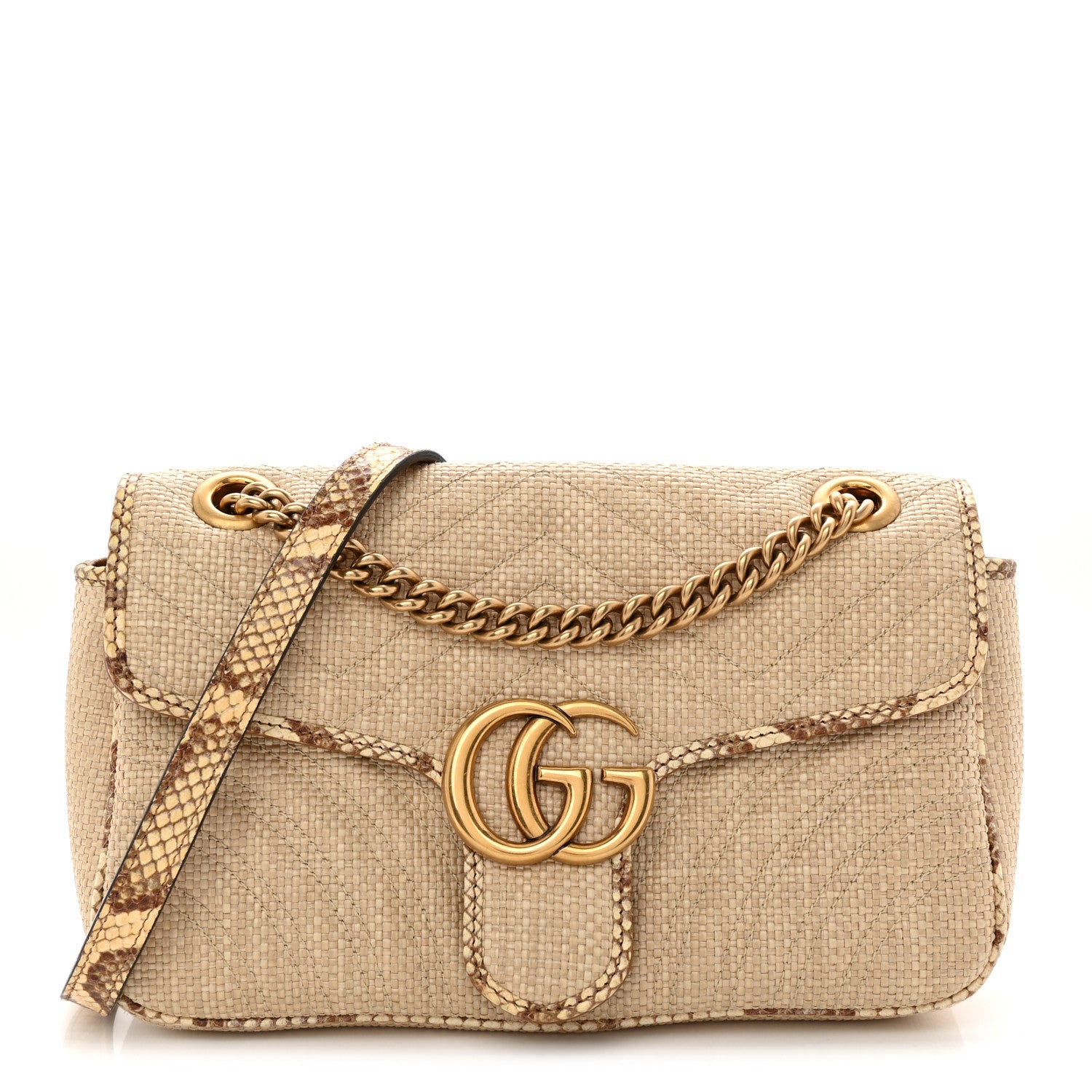 Gucci Raffia Elaphe Matelasse Small GG Marmont Shoulder Bag Natural Cream Brown 1 of 10