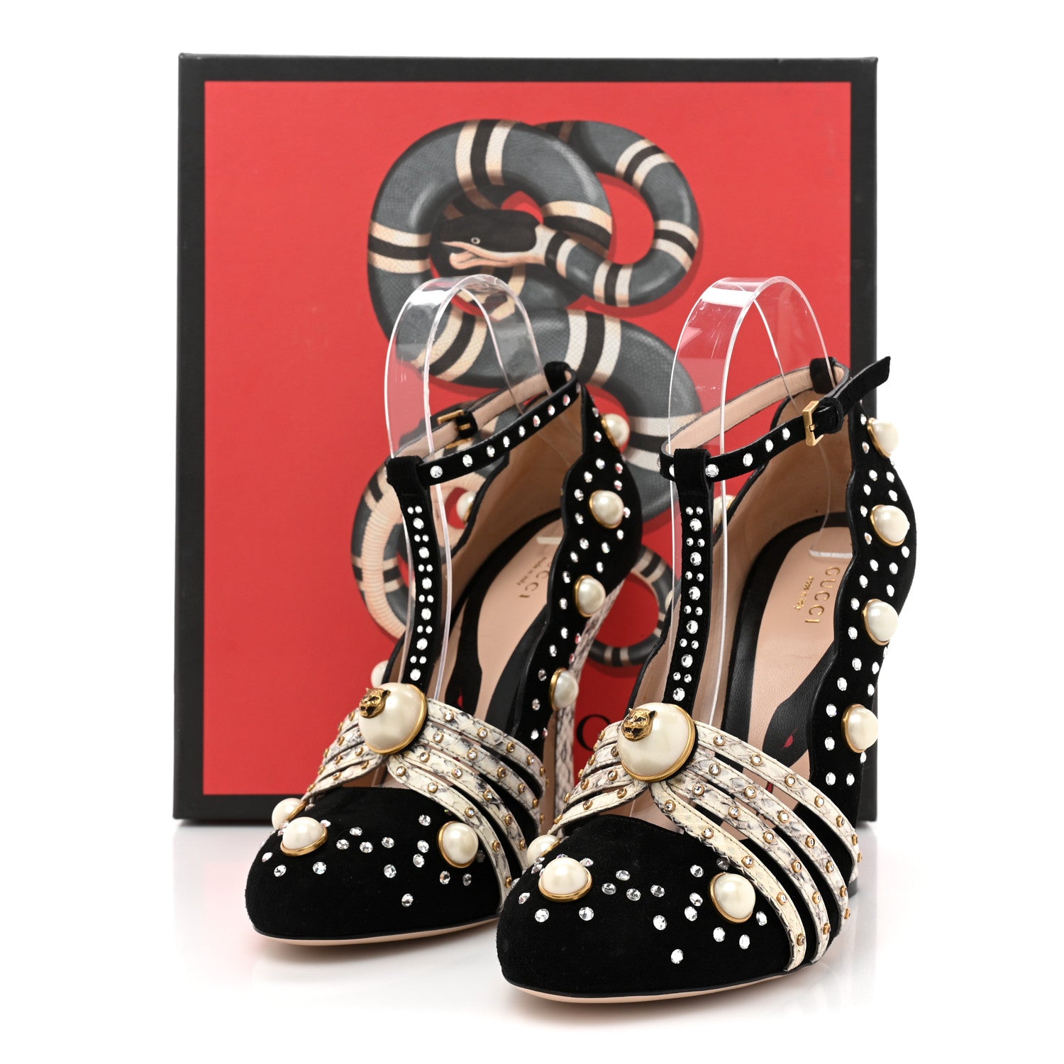 Gucci Suede Snakeskin Pearl Studded Ofelia Pumps 37 Black 11 of 11