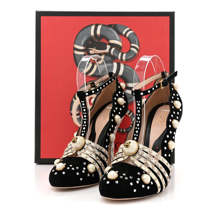 Gucci Suede Snakeskin Pearl Studded Ofelia Pumps 37 Black 11 of 11
