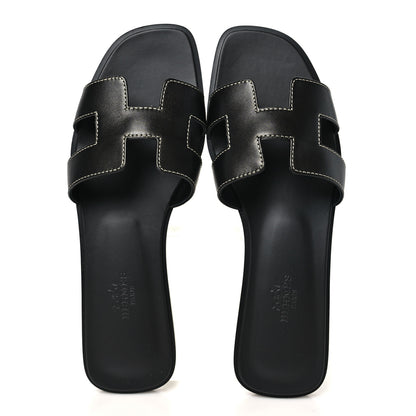 Hermes Box Calfskin Oran Sandals 37.5 Black 2 of 9