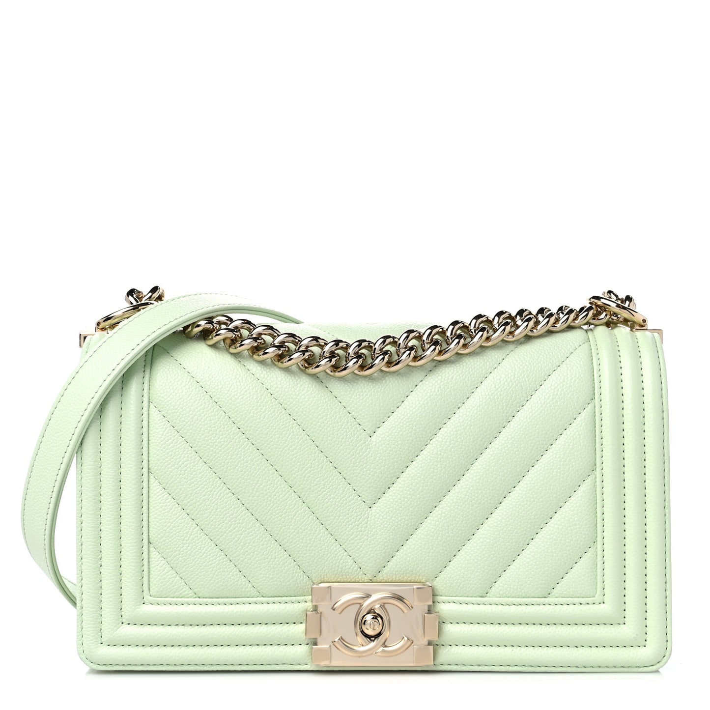 Caviar Chevron Quilted Medium Boy Flap Light Green