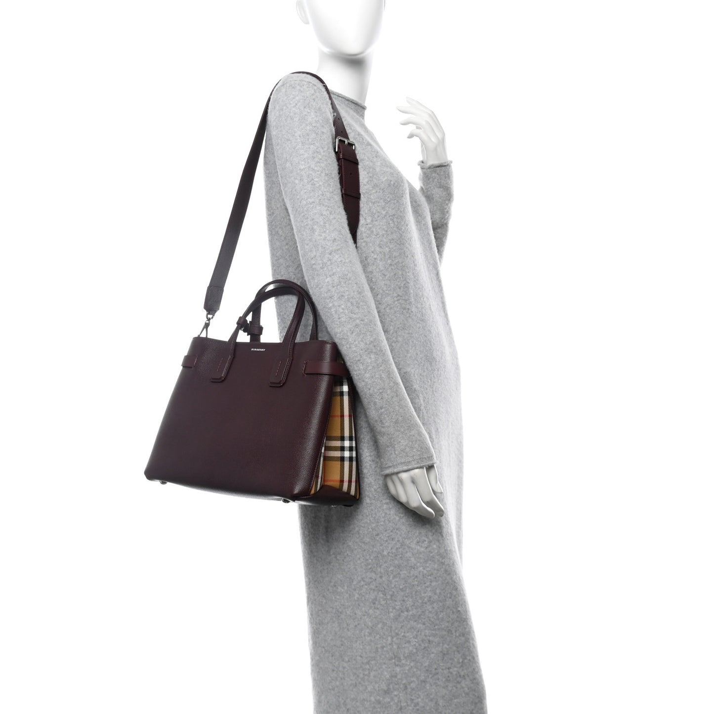 Grainy Calfskin House Check Medium Banner Tote Mahogany Red