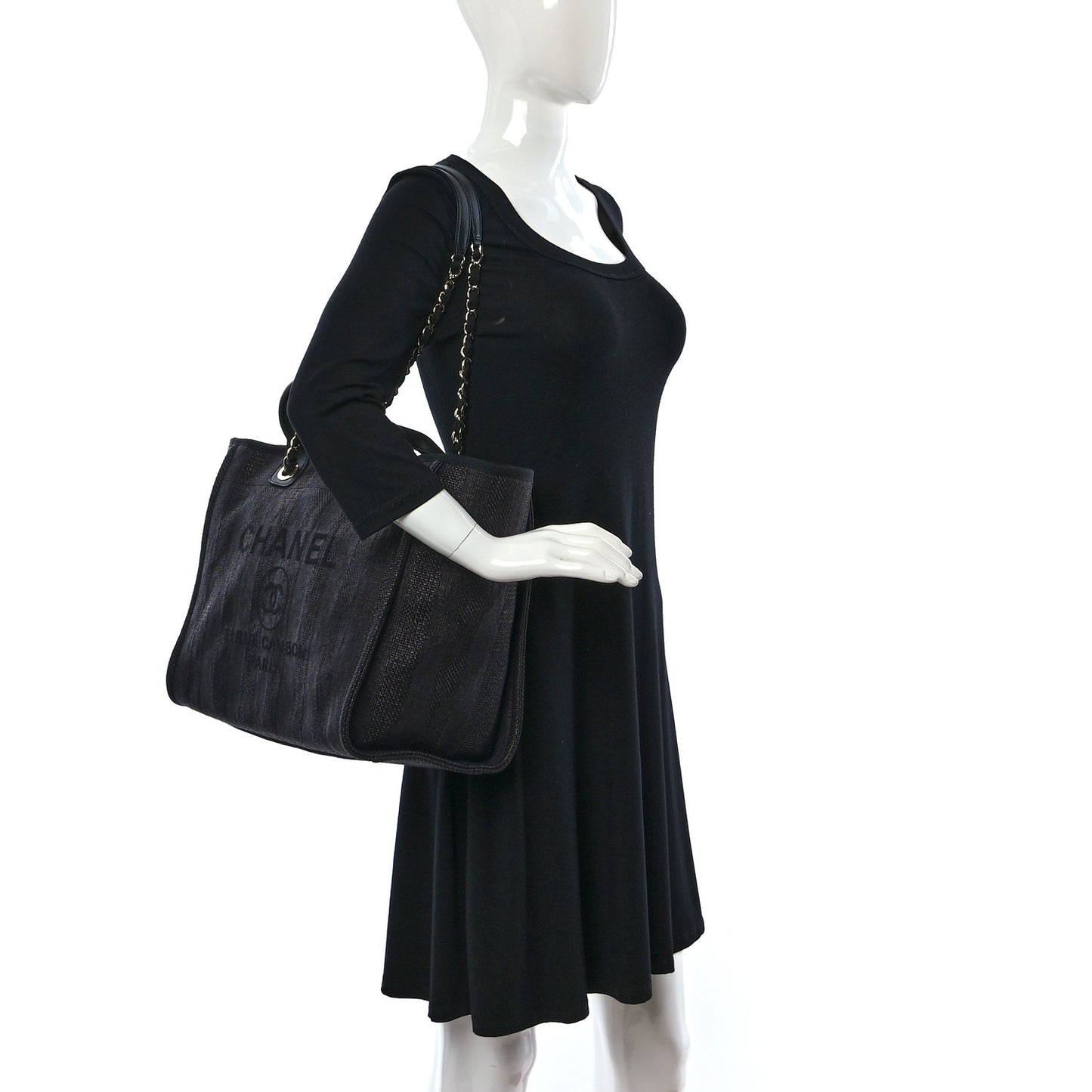Mixed Fibers Calfskin Striped Medium Deauville Tote Black
