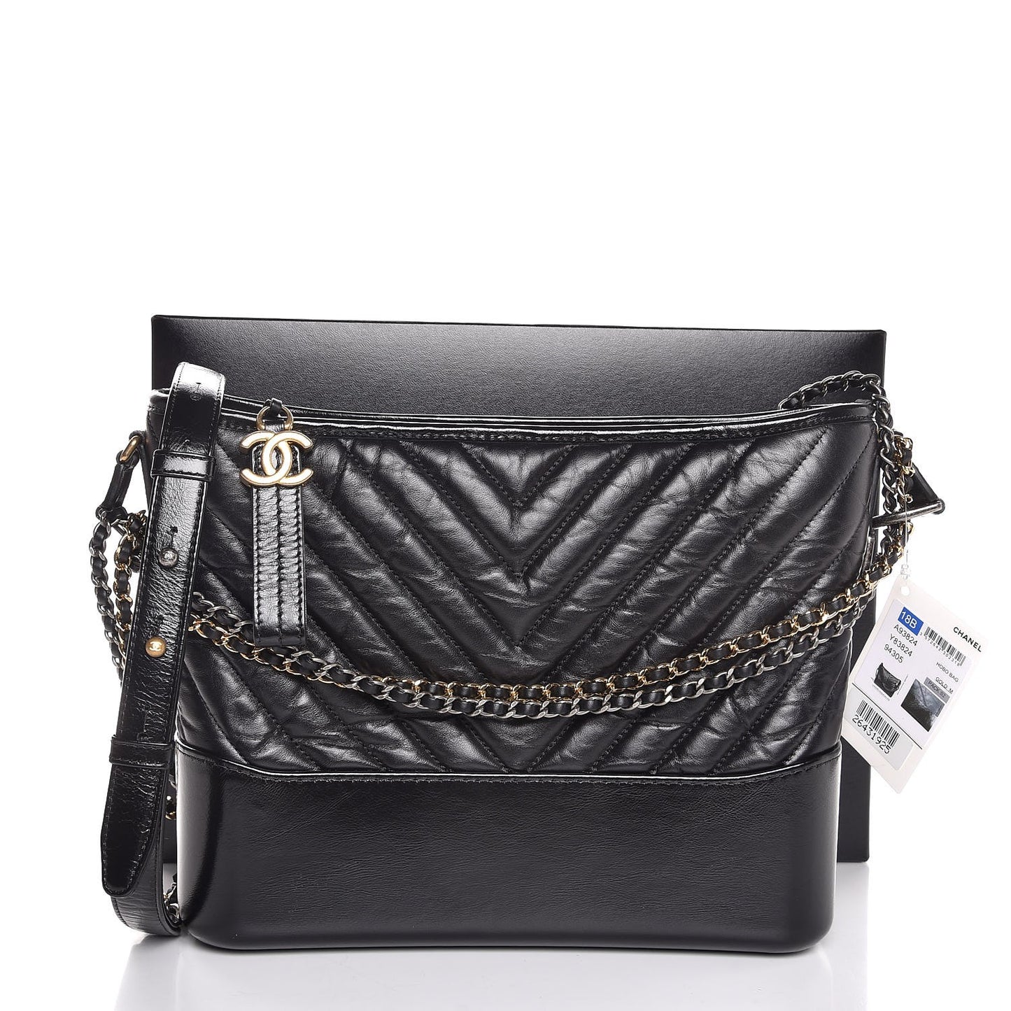 Aged Calfskin Chevron Quilted Medium Gabrielle Hobo Black