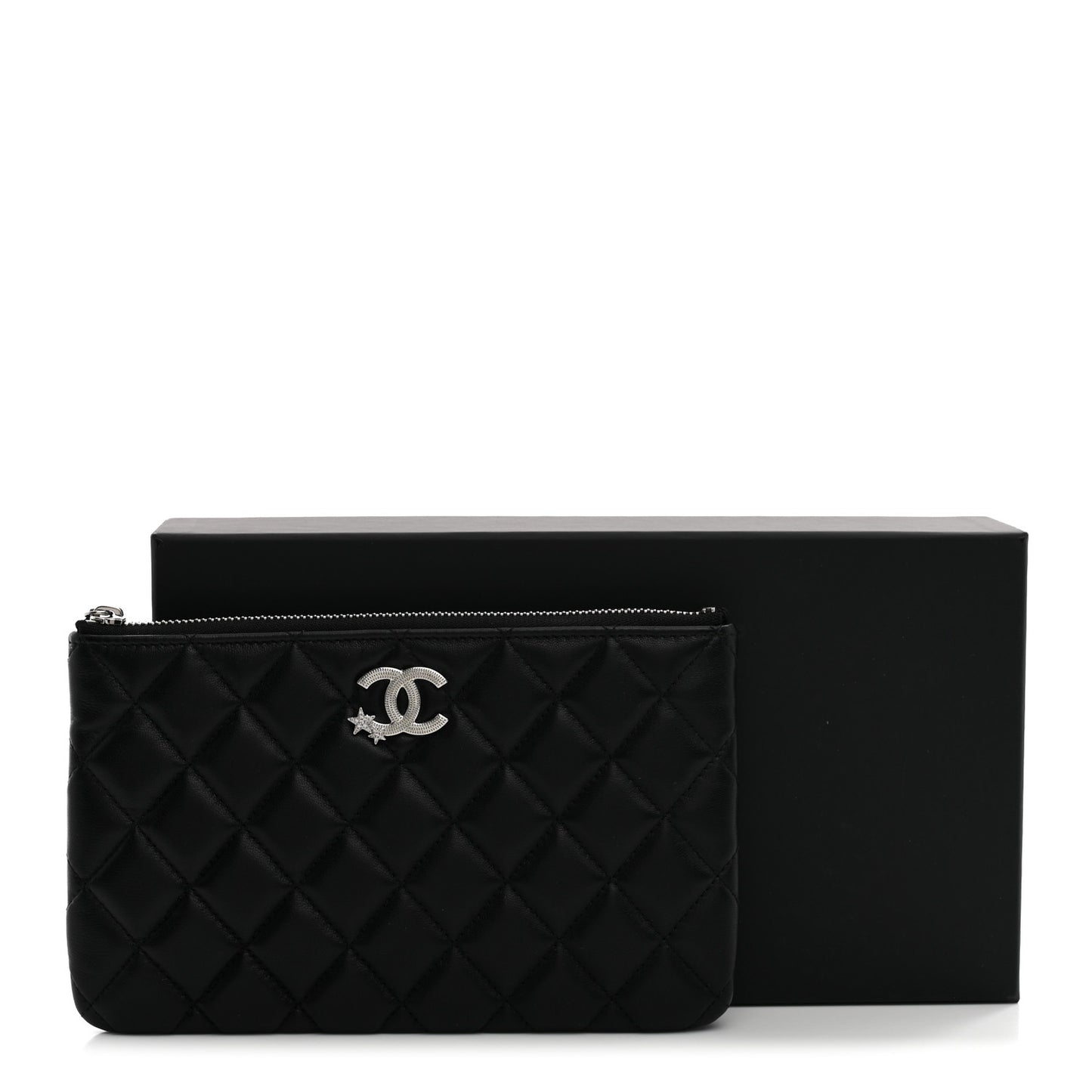 Lambskin Quilted Crystal Star Cosmetic Case Black