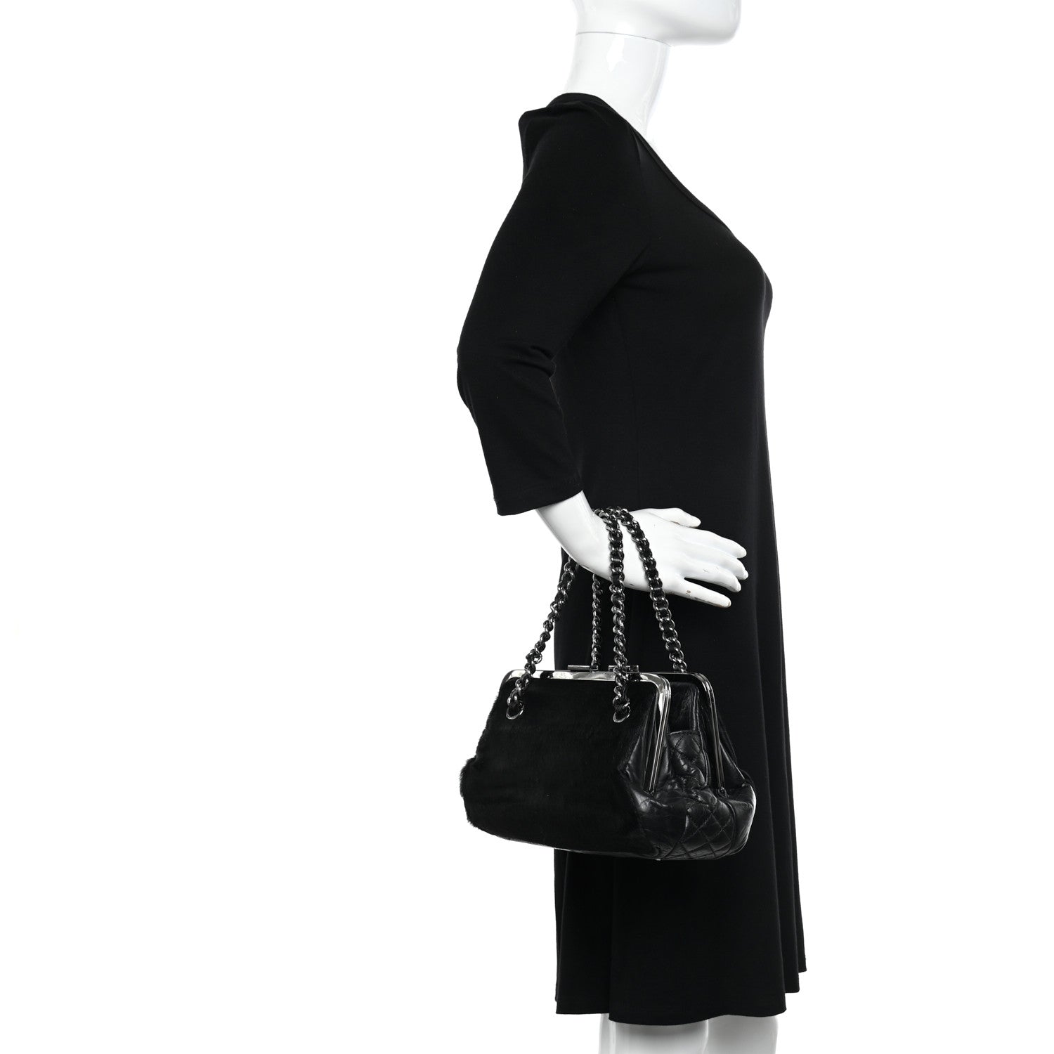 Chanel Pony Hair Lambskin Quilted Kiss Lock Frame Bag Black 2 of 12