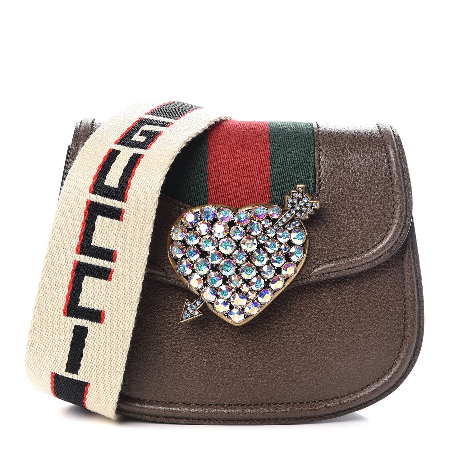 Textured Calfskin Web Crystal Heart Stripe Small Totem Shoulder Bag New Acero