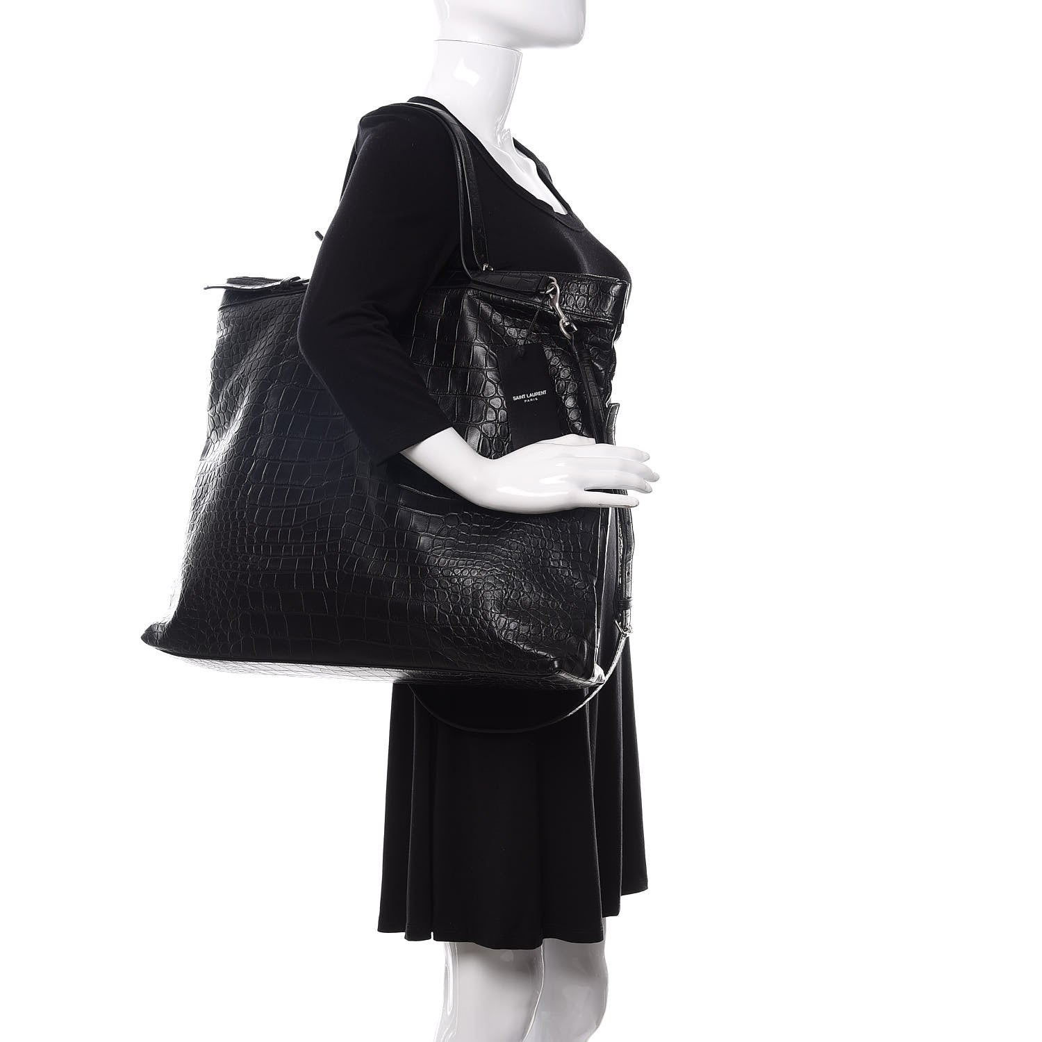 Saint Laurent Calfskin Crocodile Embossed ID Bag Black 3 of 11