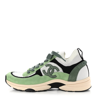 Chanel Knit Suede Fabric Womens CC Sneakers 41 Green Dark Green White Black 1 of 9