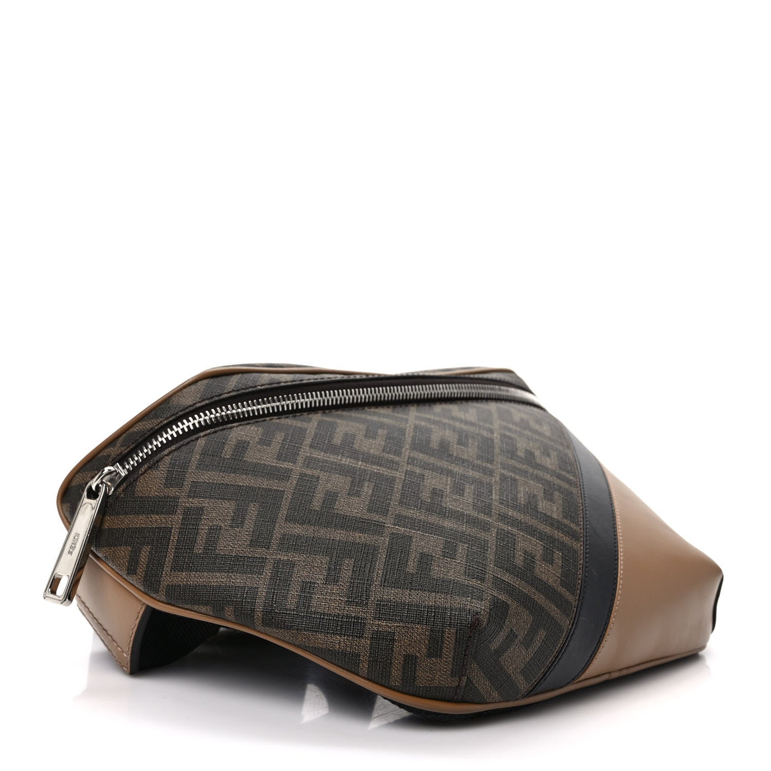 Fendi Glazed Fabric Vitello Cover FF 1974 Diagonal Bi-Color Belt Bag Tobacco Moro Sand Black 4 of 8