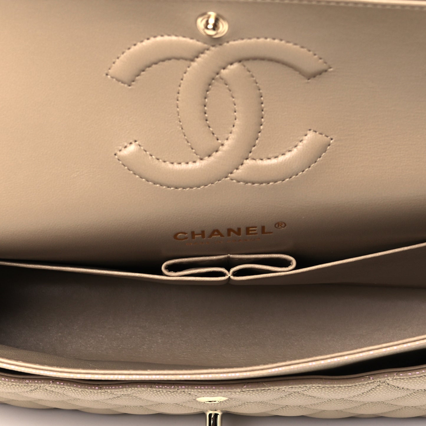 Iridescent Caviar Quilted Medium Double Flap Dark Beige