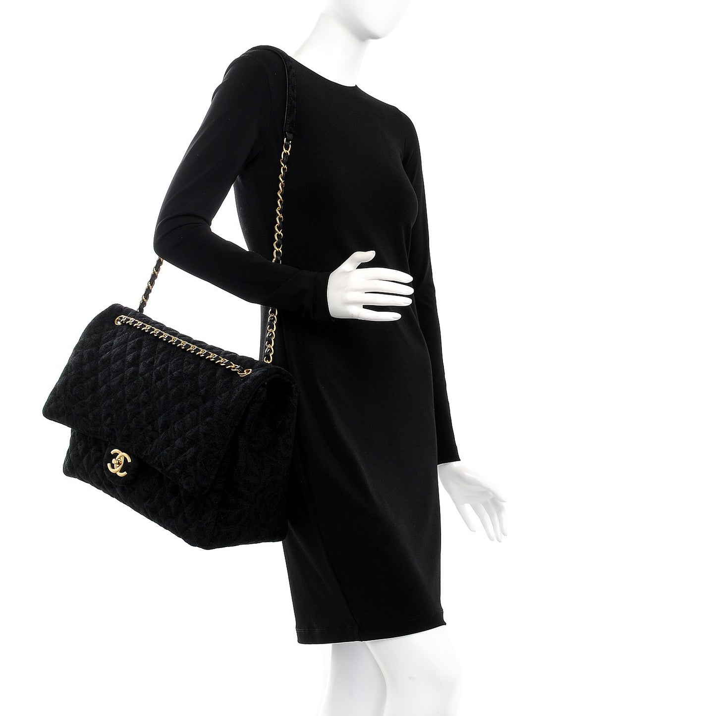 Velvet Camellia Stamped XXL Travel Flap Bag Black