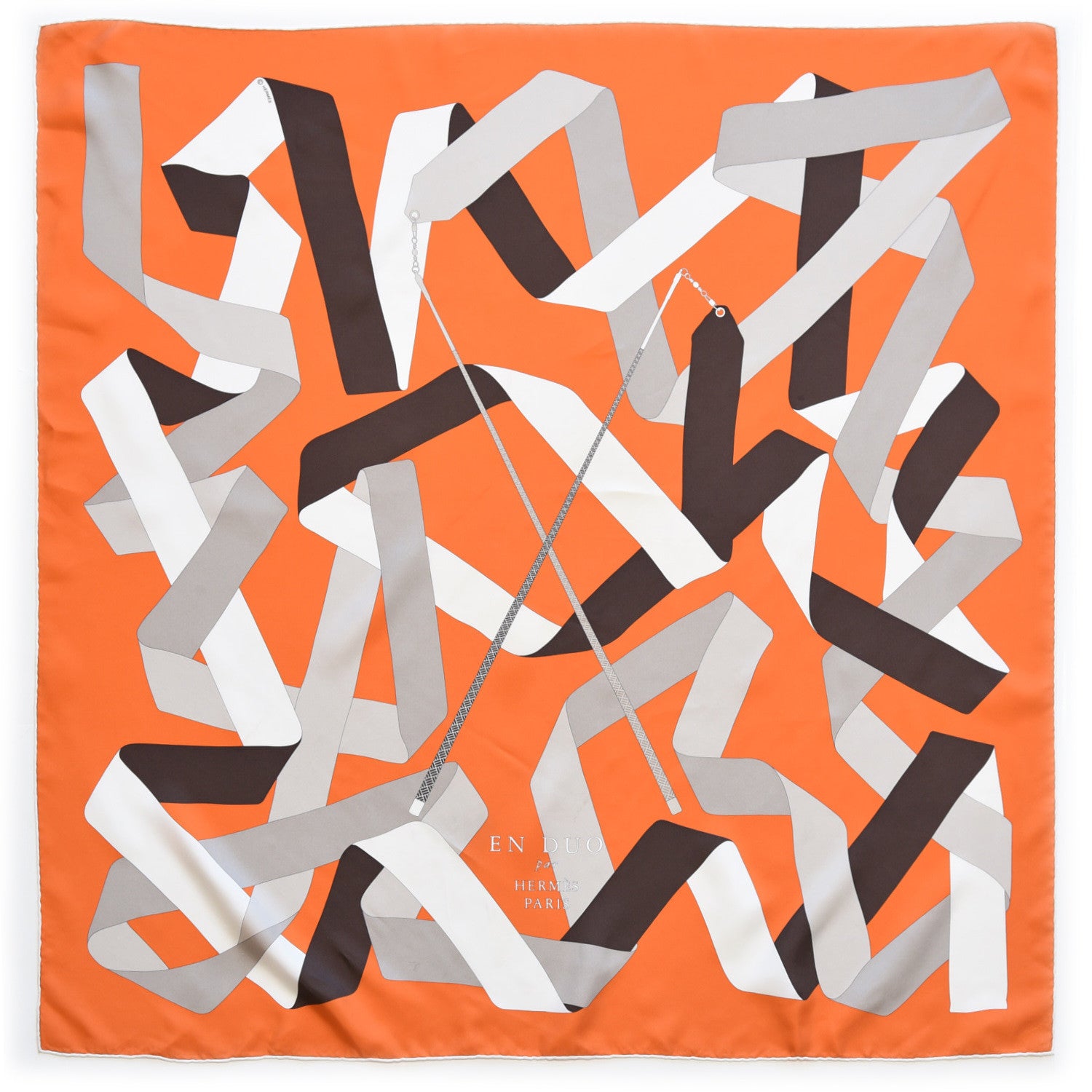 Hermes Silk En Duo Scarf 90 Orange Blanc Sepia 1 of 5