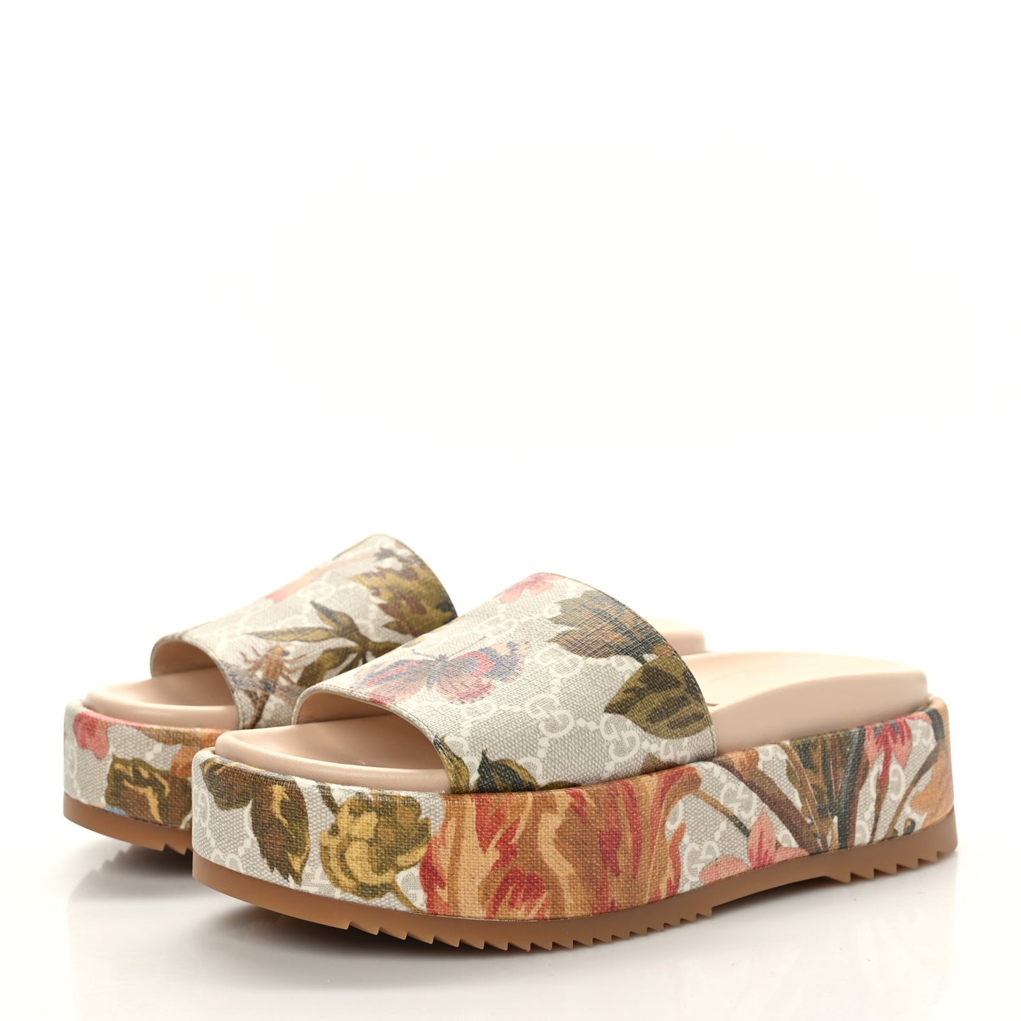 GG Supreme Monogram Water Flora Angelina Platform Slide Sandals 35 Beige White Multicolor