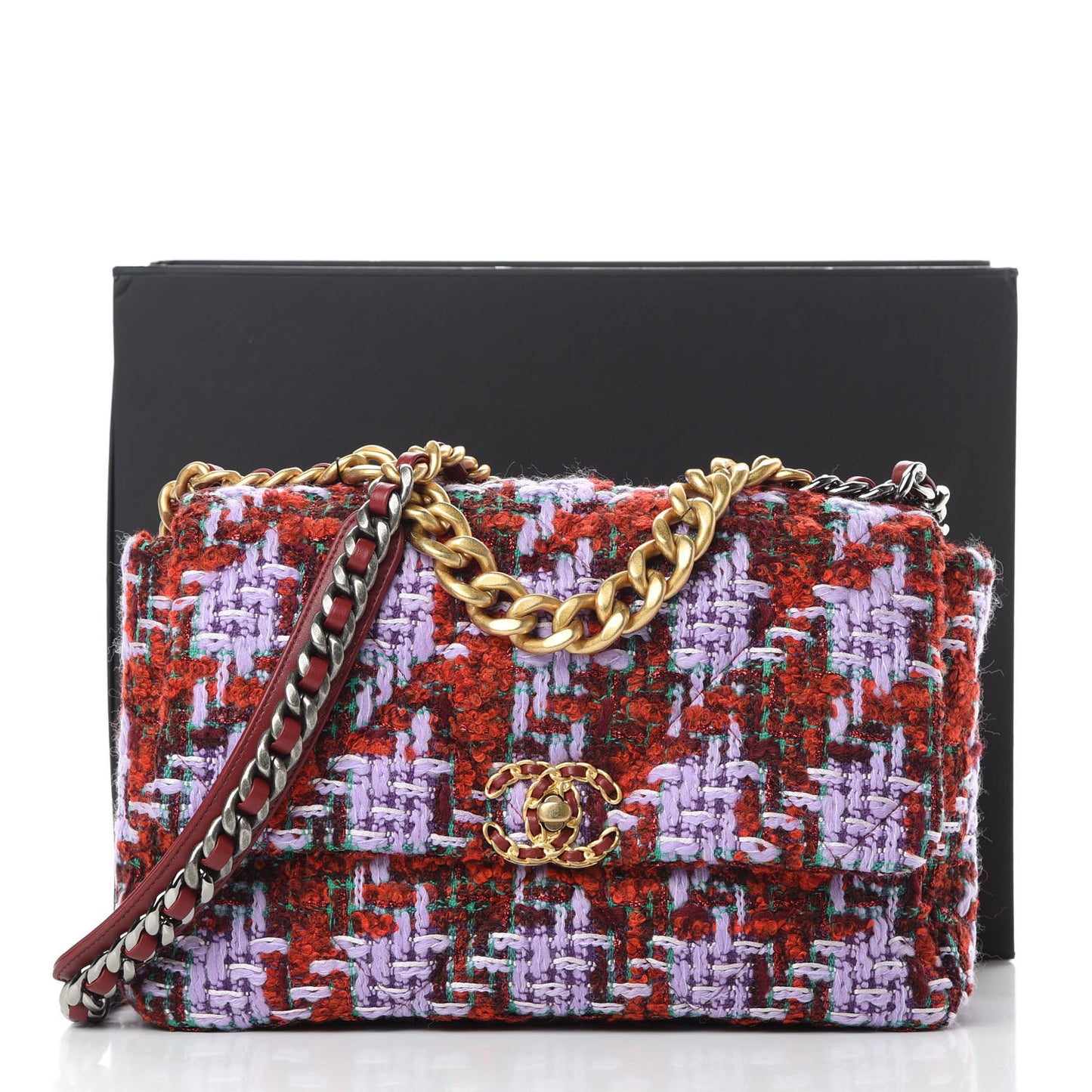 Tweed Quilted Large Chanel 19 Flap Red Purple Green