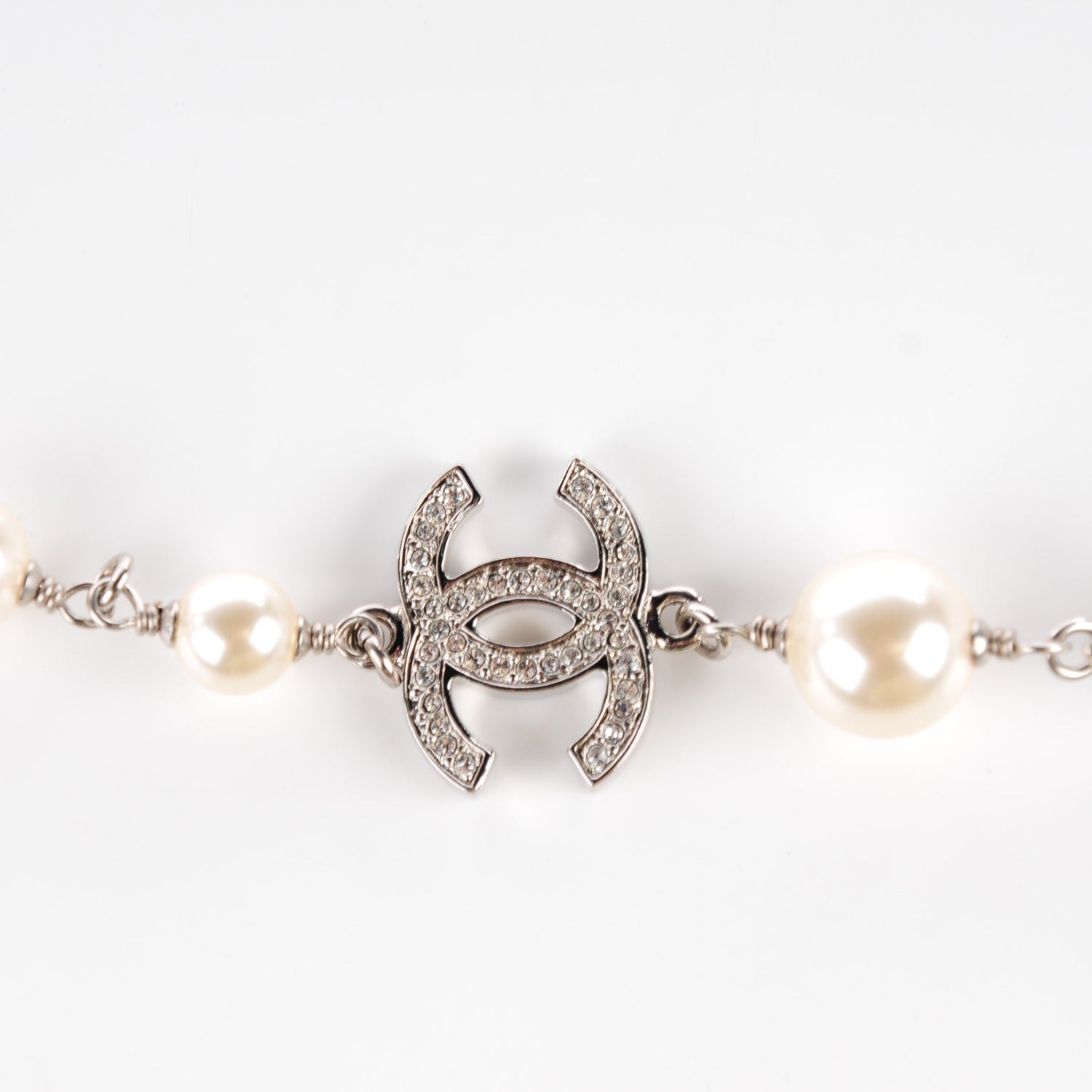 Chanel Crystal Pearl CC Long Necklace Silver 3 of 5