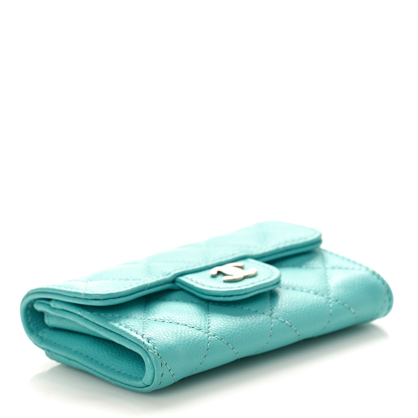Caviar Quilted Flap Card Holder Wallet Turquoise