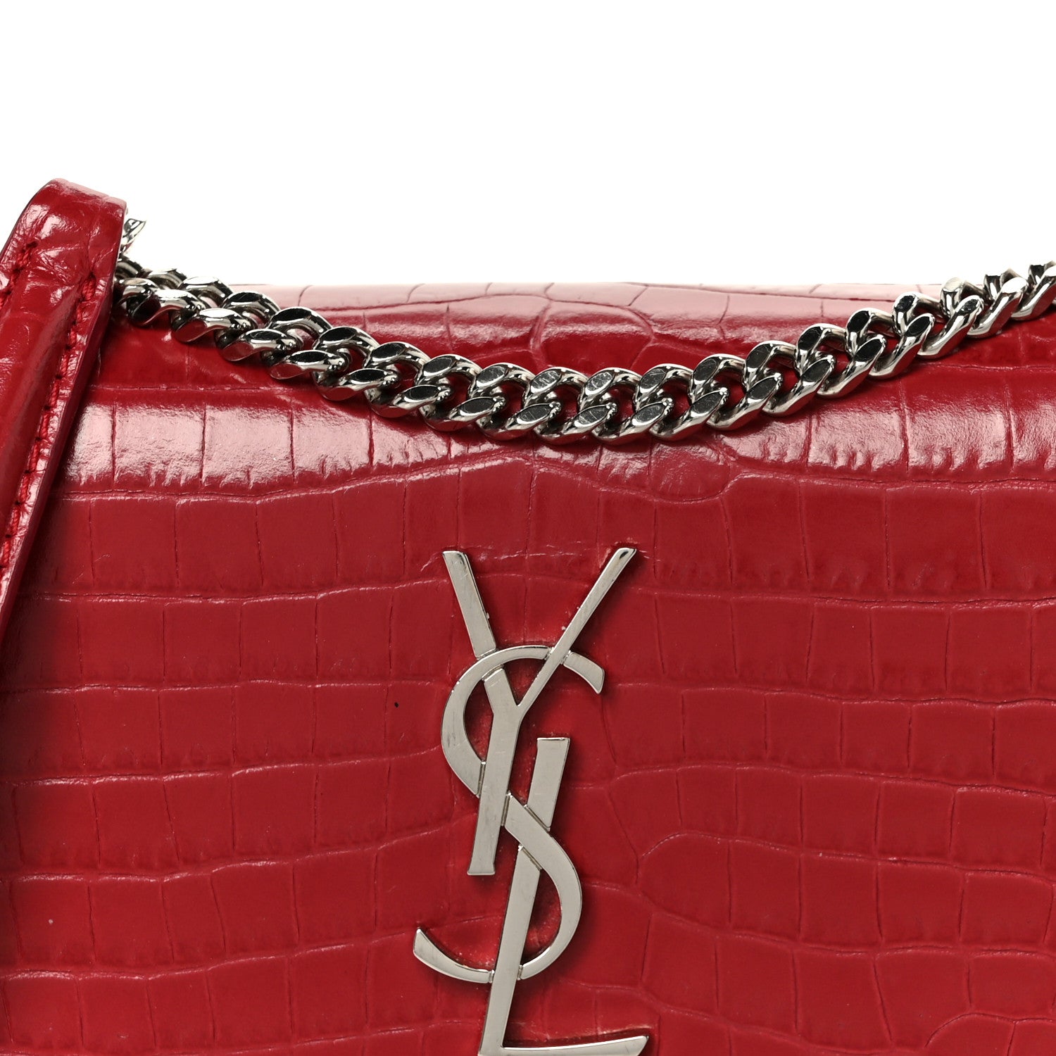 Saint Laurent Calfskin Crocodile Embossed Medium Monogram Sunset New Lipstick Red 8 of 10