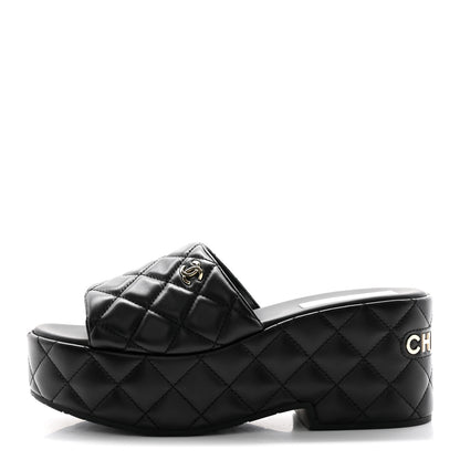 Chanel Lambskin Quilted CC Mules Wedge Sandals 41 Black 1 of 9