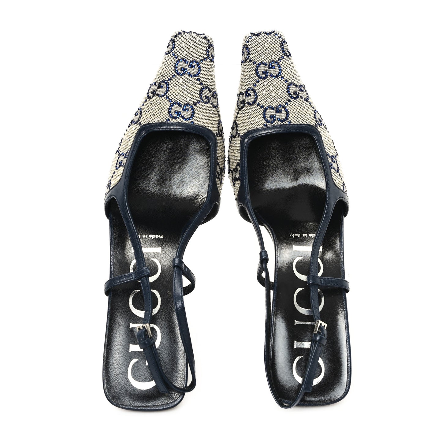 GG Monogram Malaga Kid Crystal Square G 75mm Slingback Pumps 38 Beige Blue