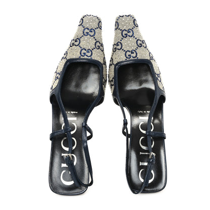 Gucci GG Monogram Malaga Kid Crystal Square G 75mm Slingback Pumps 38 Beige Blue 2 of 9