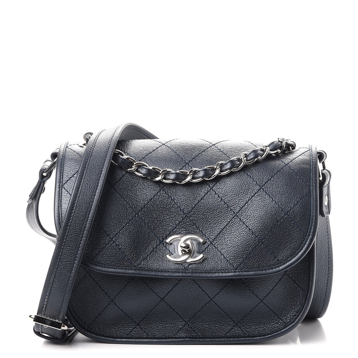 Metallic Calfskin Quilted Jungle Stroll Messenger Bag Navy