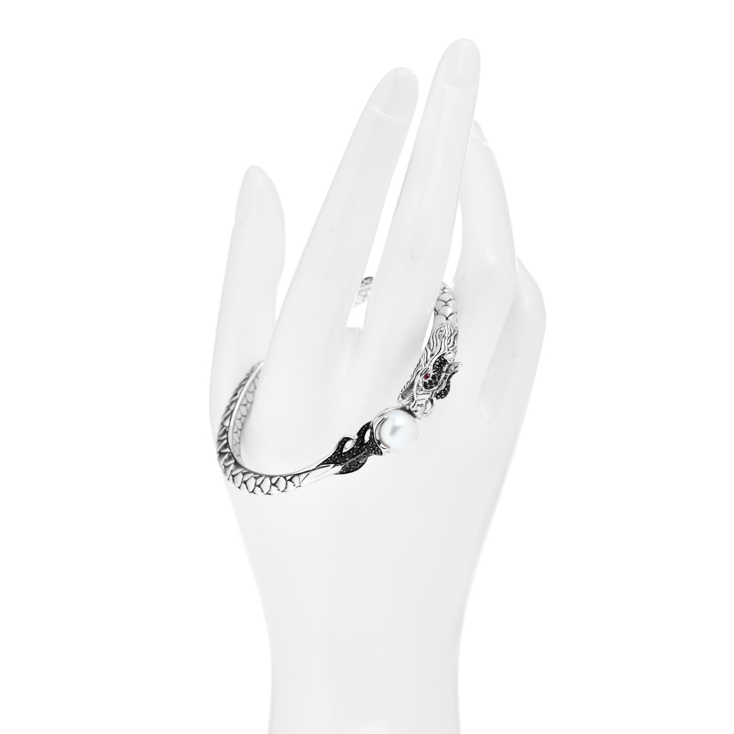 Sterling Silver Black Sapphire Ruby Pearl Naga Dragon Head Bracelet