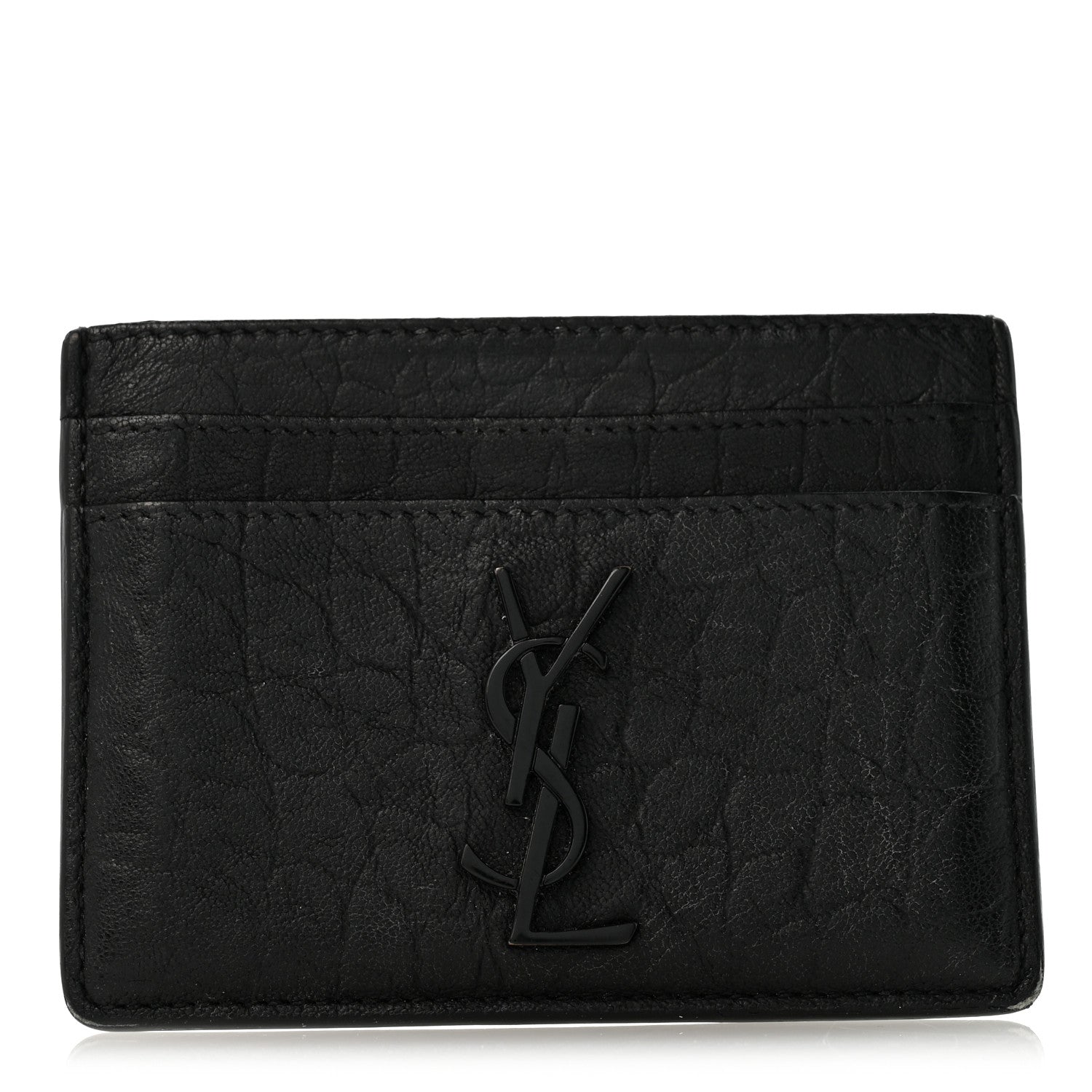Saint Laurent Calfskin Crocodile Embossed Monogram Credit Card Case Black 1 of 10