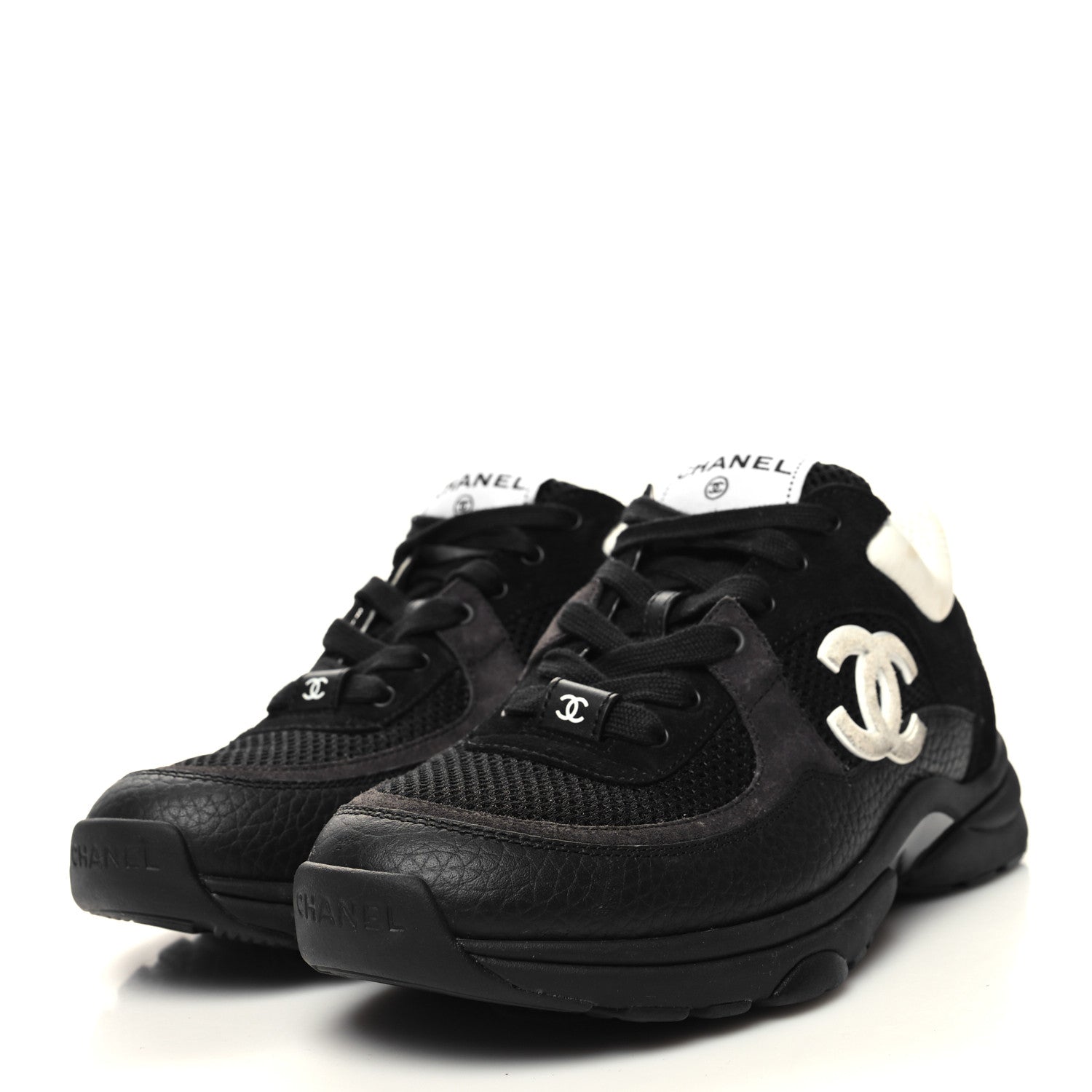 Chanel Mesh Suede Grained Calfskin Womens CC Sneakers 37 Black White 3 of 8