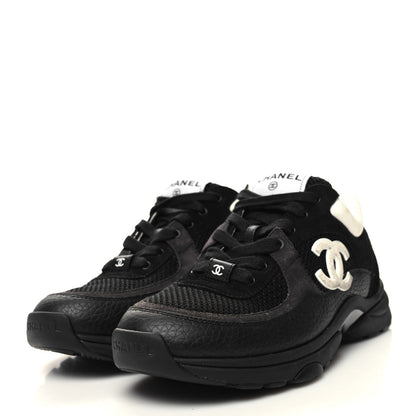 Chanel Mesh Suede Grained Calfskin Womens CC Sneakers 37 Black White 3 of 8