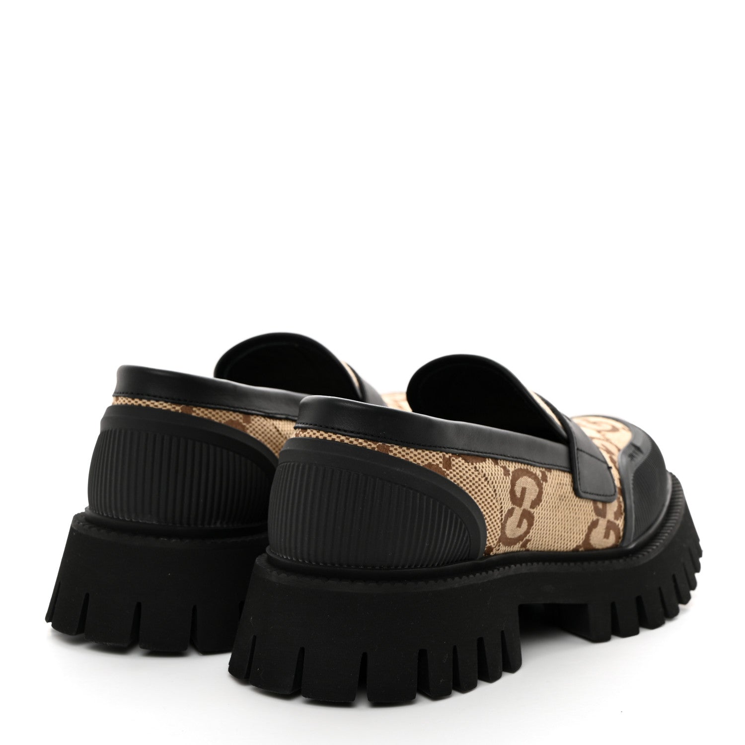 Gucci Monogram Jumbo GG Miro Soft Calfskin Mens Lug Sole Loafers 8 Camel Ebony Black 4 of 9