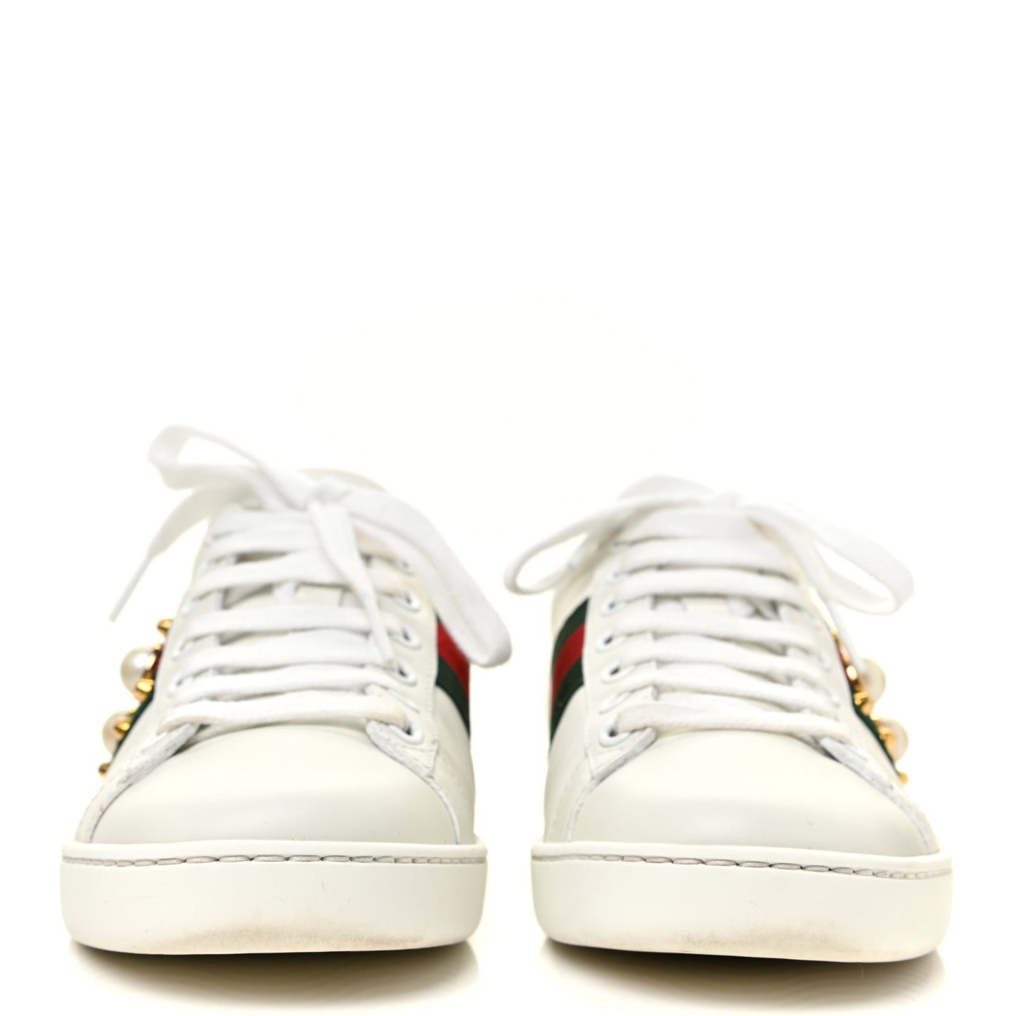 Calfskin Web Pearl Studded Womens Ace Sneakers 35 White