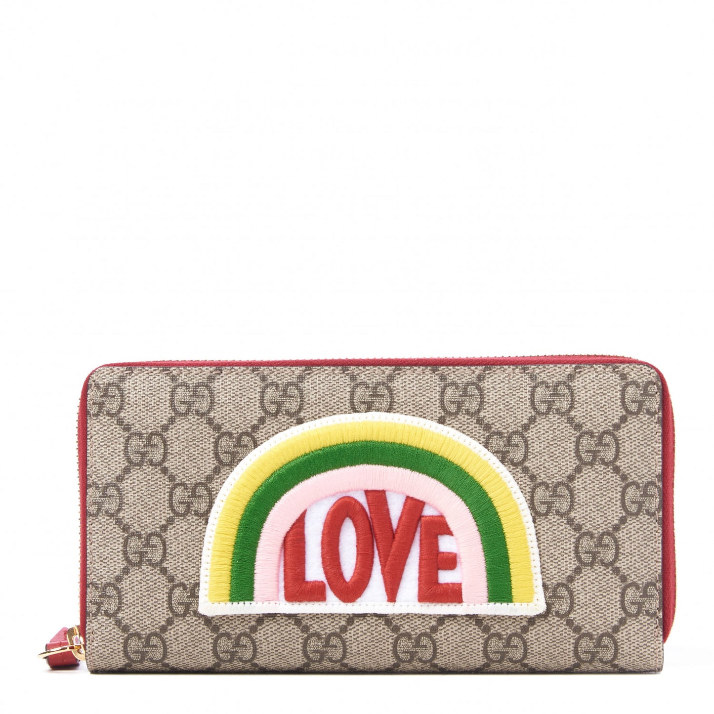 GG Supreme Monogram Embroidered Rainbow Zip Around Wallet Red
