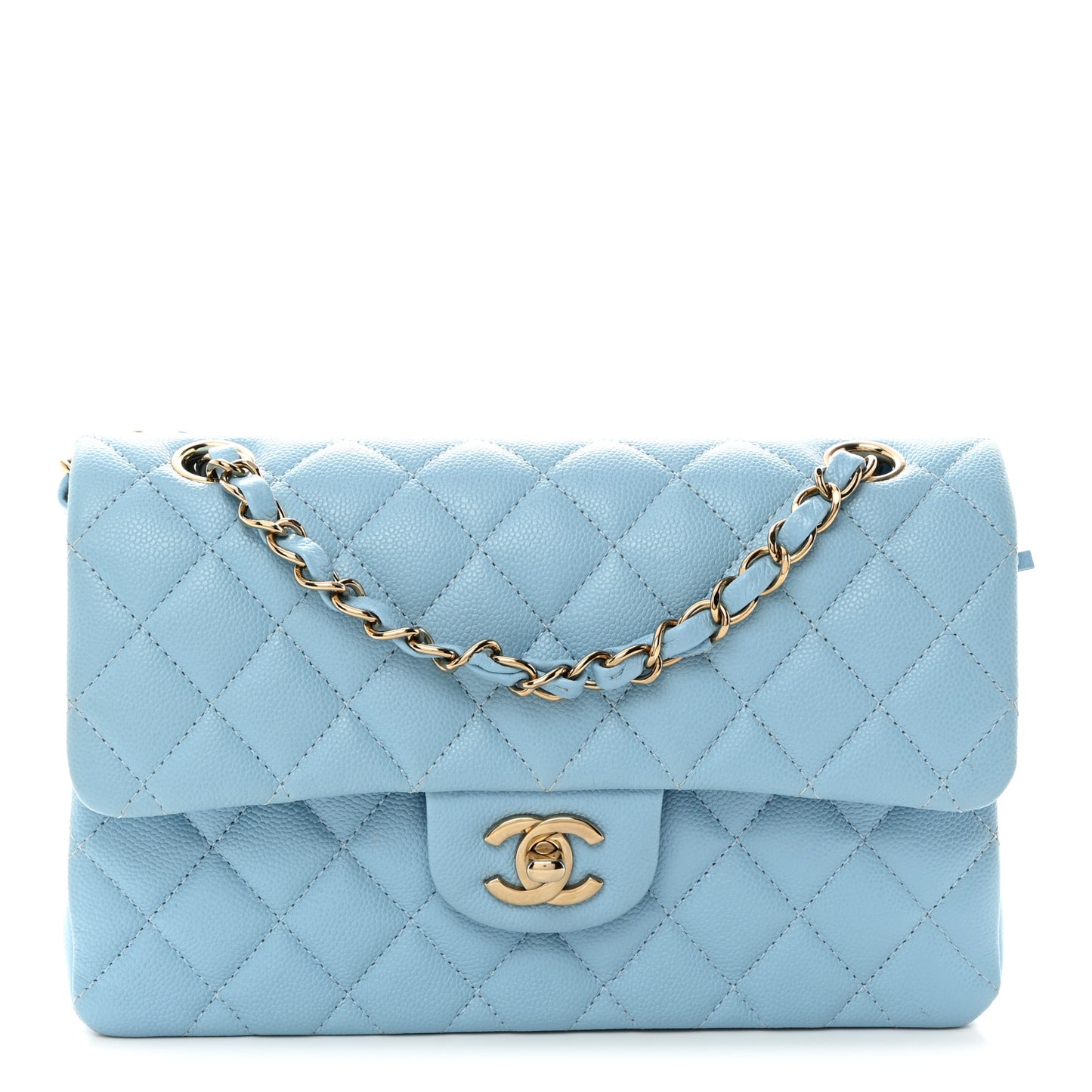 Caviar Quilted Small Double Flap Light Blue