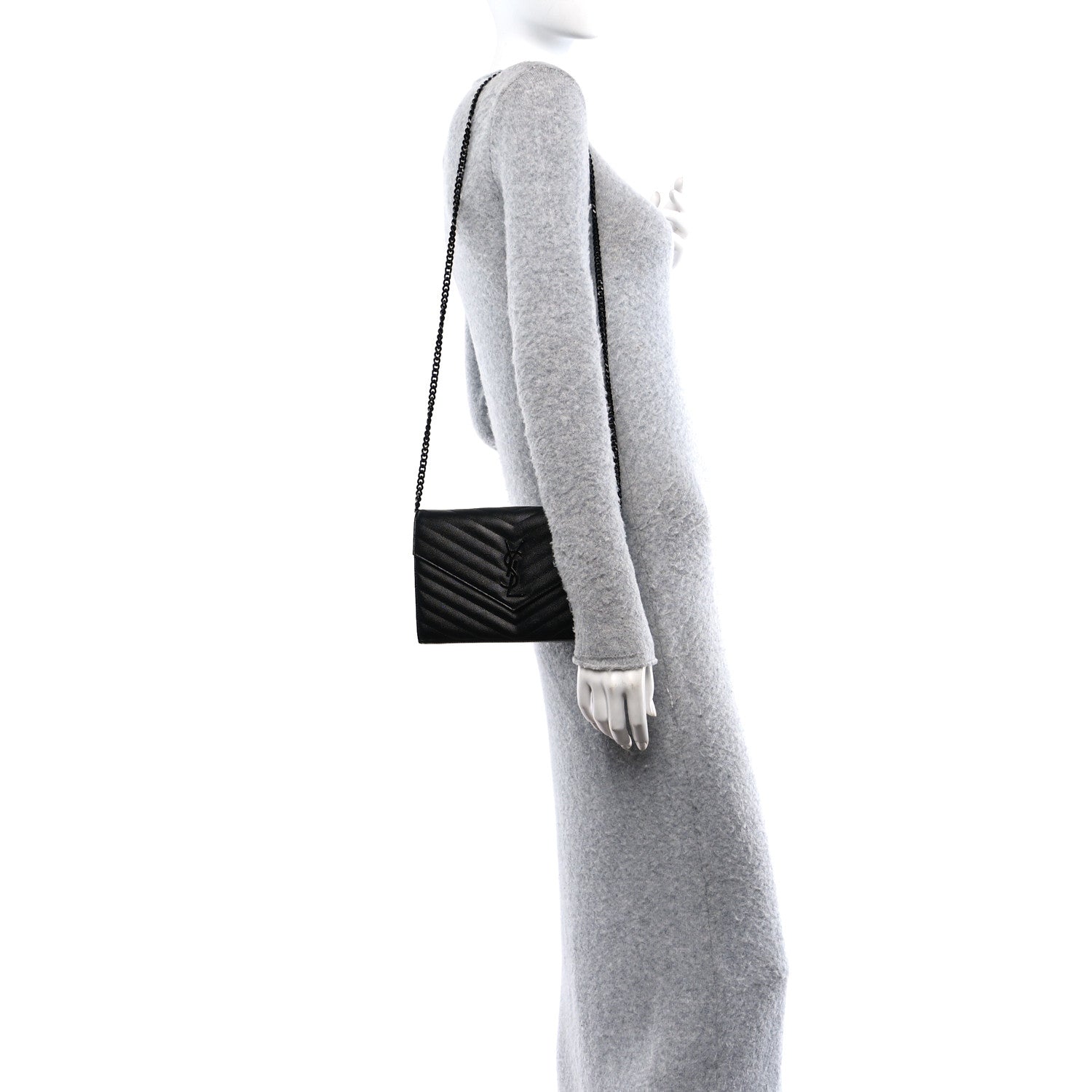 Saint Laurent Grain De Poudre Matelasse Chevron Monogram Monochrome Chain Wallet Black 2 of 9