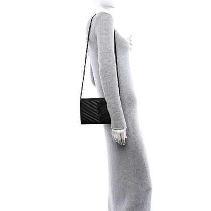 Saint Laurent Grain De Poudre Matelasse Chevron Monogram Monochrome Chain Wallet Black 2 of 9