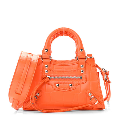 Balenciaga Semi Shiny Calfskin Crocodile Embossed Neo Classic Silver Hardware Nano City Crossbody Orange 1 of 8