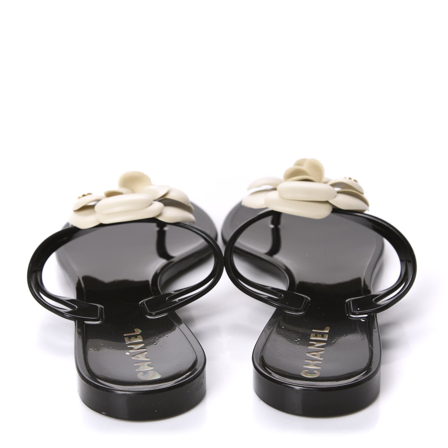 Chanel Jelly Camellia Thong Sandals 39 Black Ivory 6 of 8