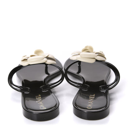 Chanel Jelly Camellia Thong Sandals 39 Black Ivory 6 of 8
