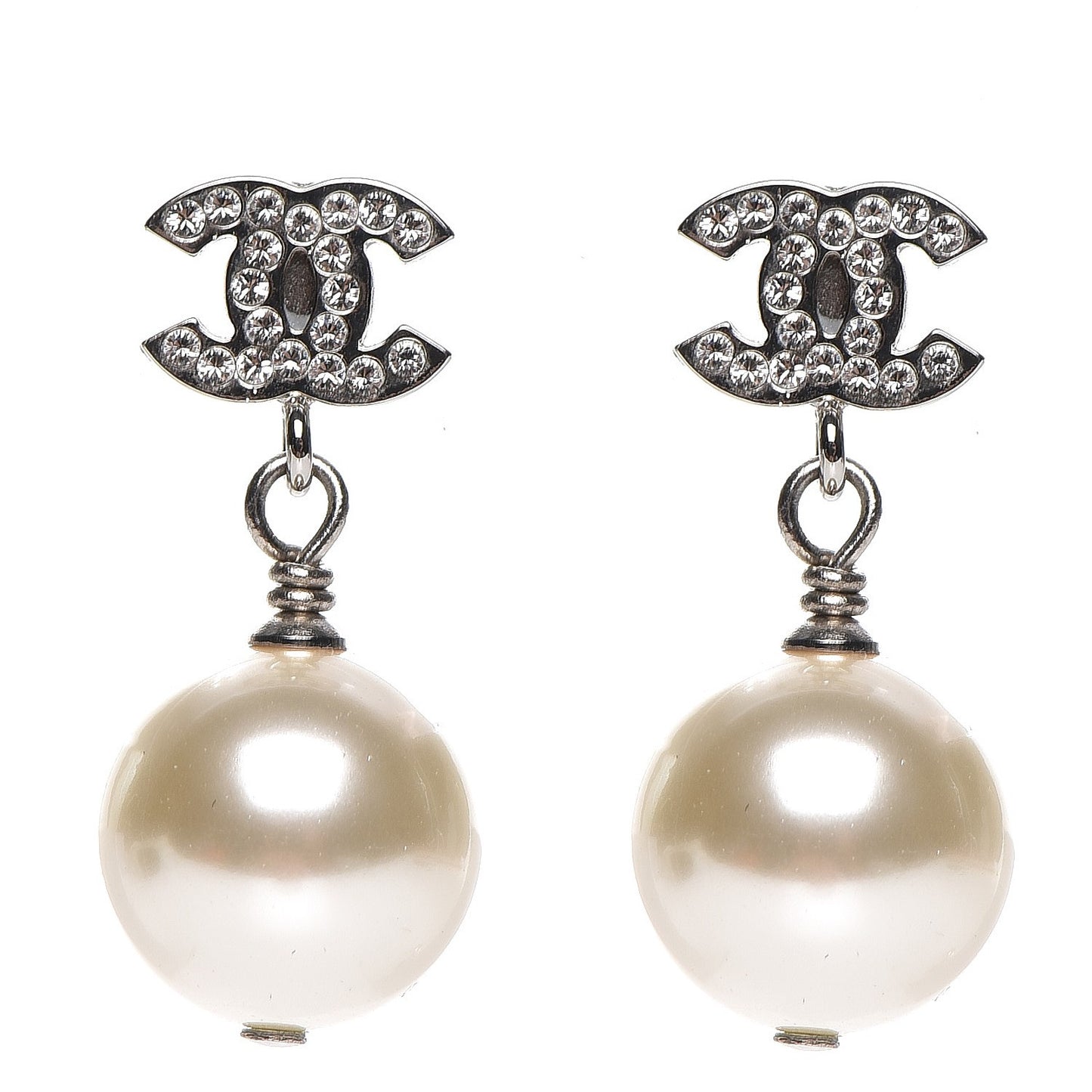Crystal Pearl CC Drop Earrings Silver